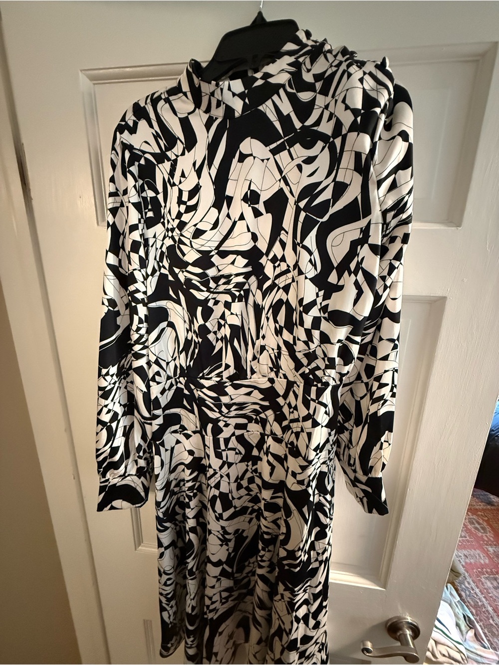 Black & White Abstract Midi Dress with High Neck